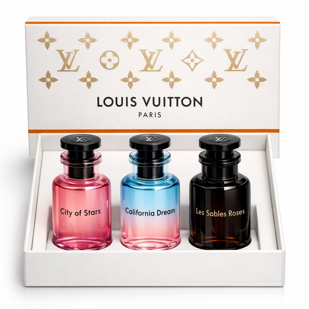 6cb4b400-56e0-4c09-b4e2-0033b6e07787 ست ۳ عددی عطر لویی ویتون (Louis Vuitton) مدل Miniature Trio – کالکشن خاص City of Stars ،California Dream و Les Sables Roses - تصویر 1